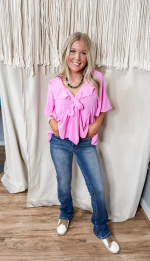 Laney Pink Front Tie Ruffle V-neck Top