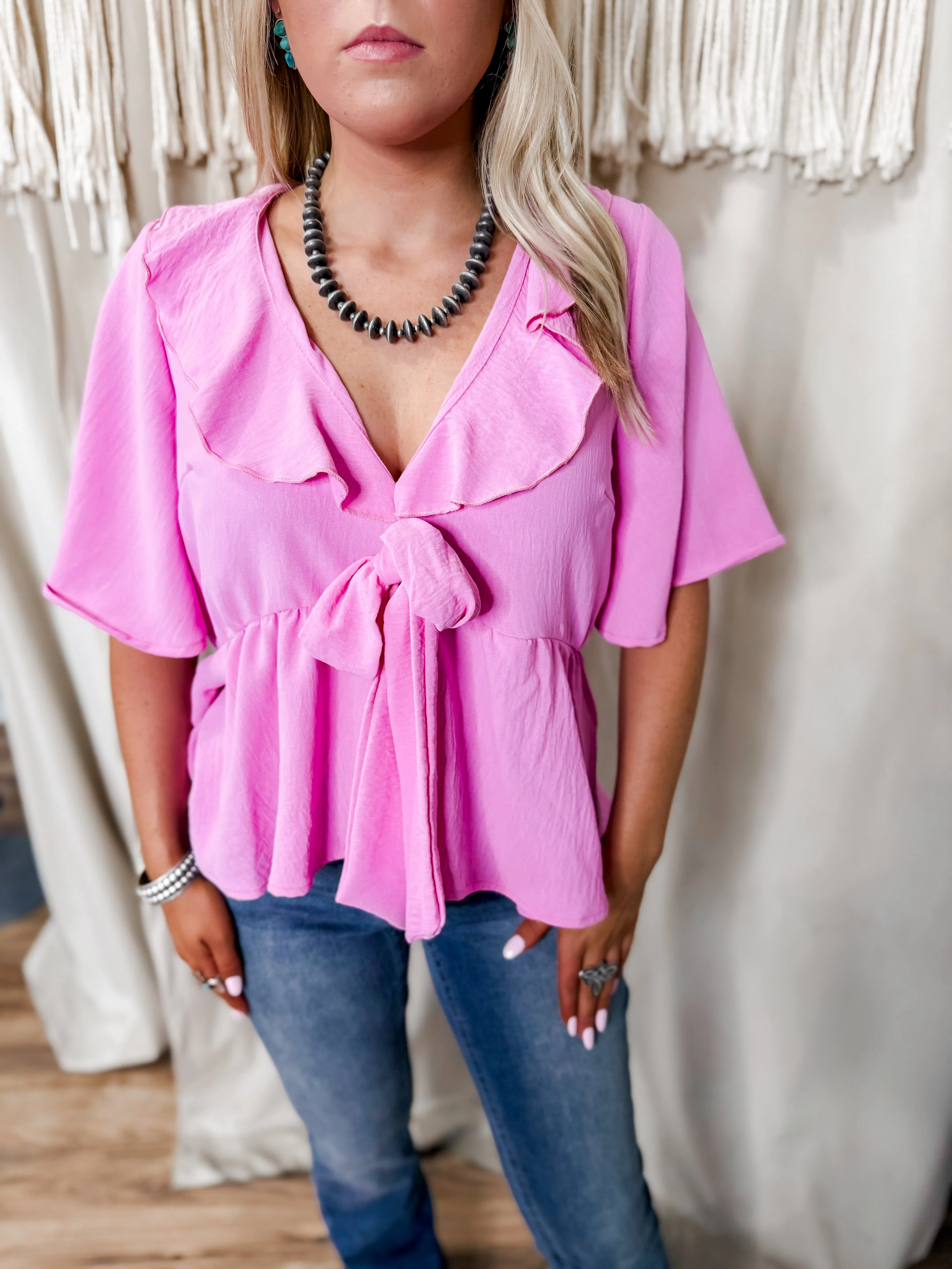 Laney Pink Front Tie Ruffle V-neck Top
