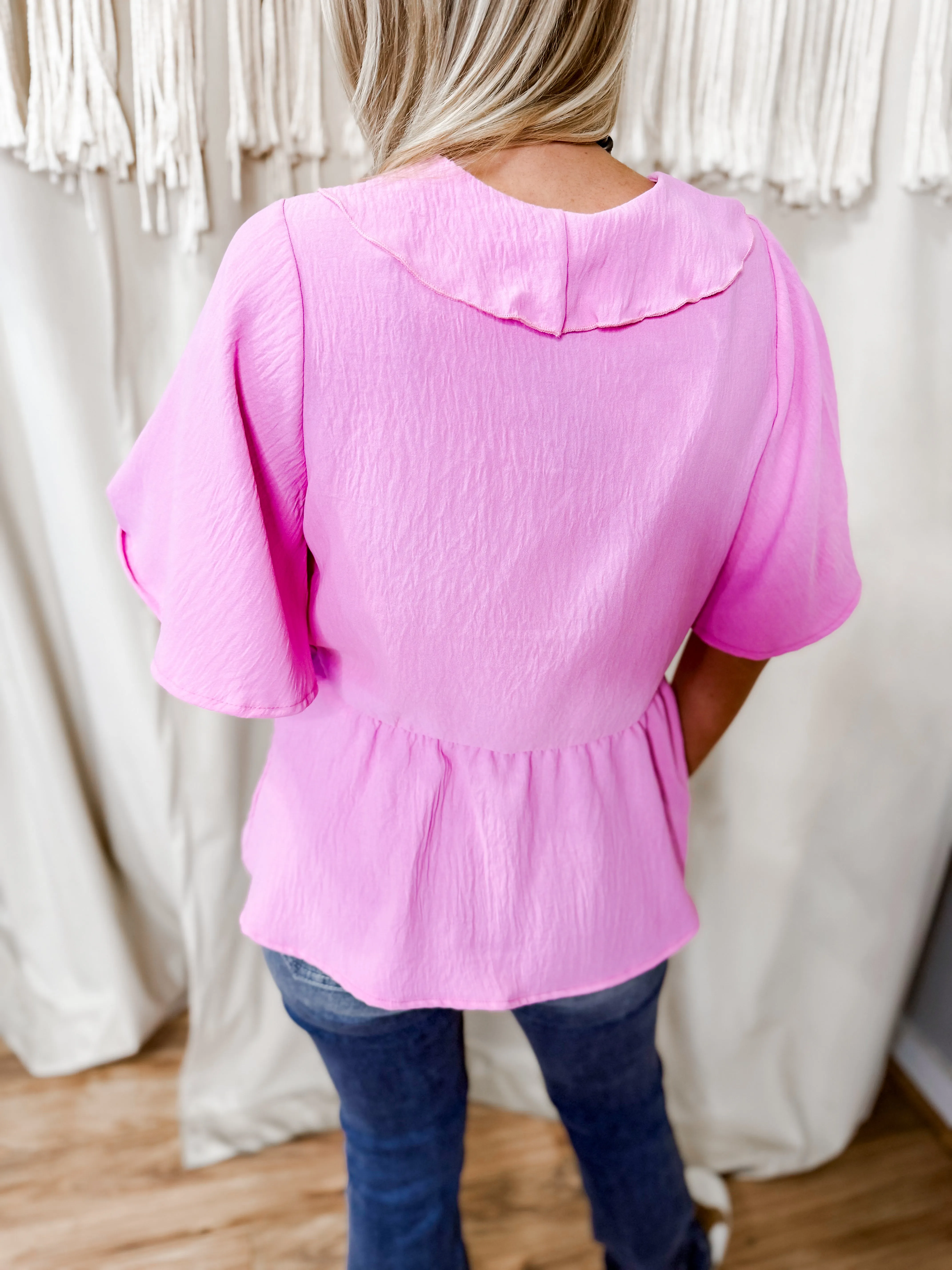 Laney Pink Front Tie Ruffle V-neck Top