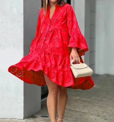 Lily V-Neck Loose Mini Dress with Flared Sleeves
