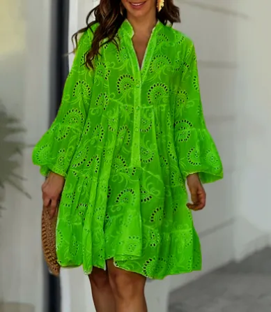 Lily V-Neck Loose Mini Dress with Flared Sleeves