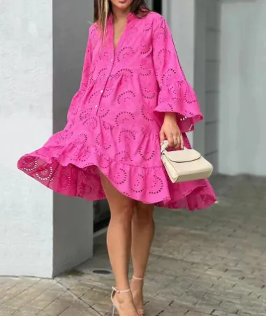 Lily V-Neck Loose Mini Dress with Flared Sleeves