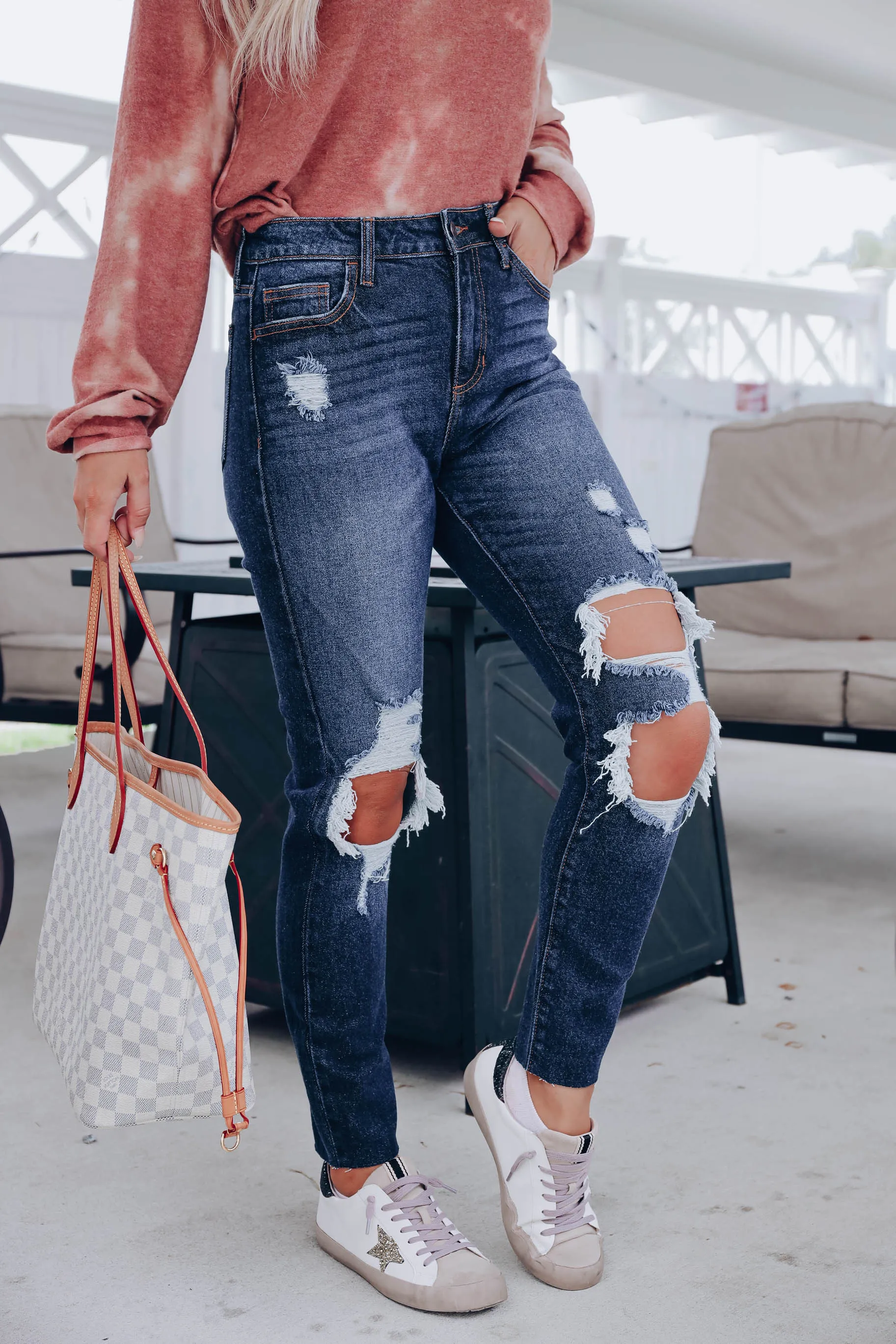 Megan Distressed Mom Jeans - Dark Wash