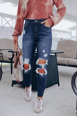 Megan Distressed Mom Jeans - Dark Wash