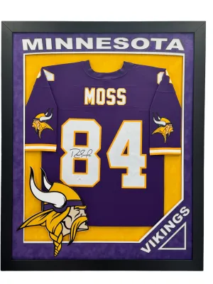 Minnesota Vikings Randy Moss Hand Signed Autographed Custom Purple Jersey Framed and Matted with XL 3D Logo & Team Name Cutout with JSA COA