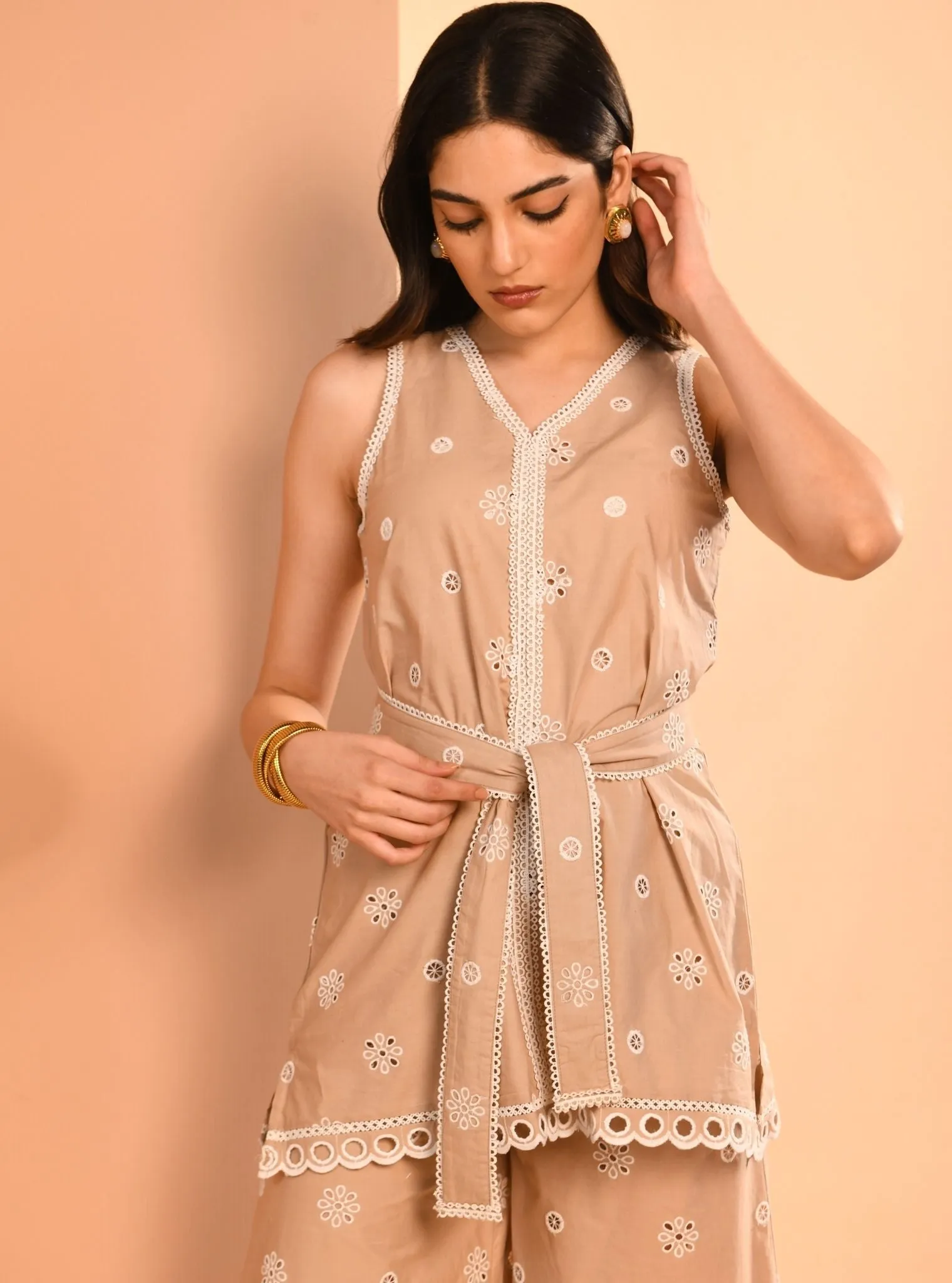 Mulmul Cotton Yale Beige Top With Mulmul Cotton Yale Beige Pant