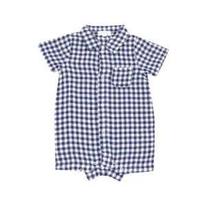 Muslin Button Down Polo Shortie - Navy Gingham
