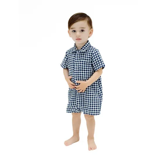 Muslin Button Down Polo Shortie - Navy Gingham