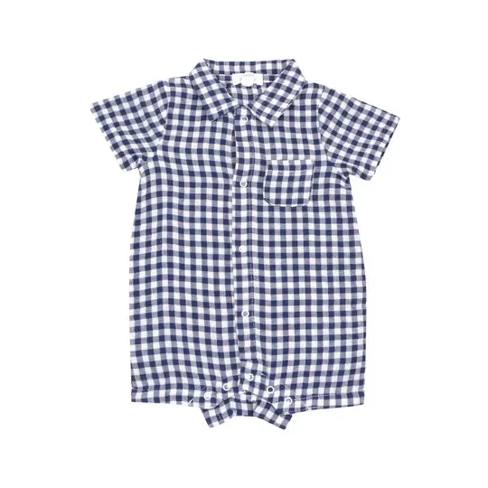 Muslin Button Down Polo Shortie - Navy Gingham