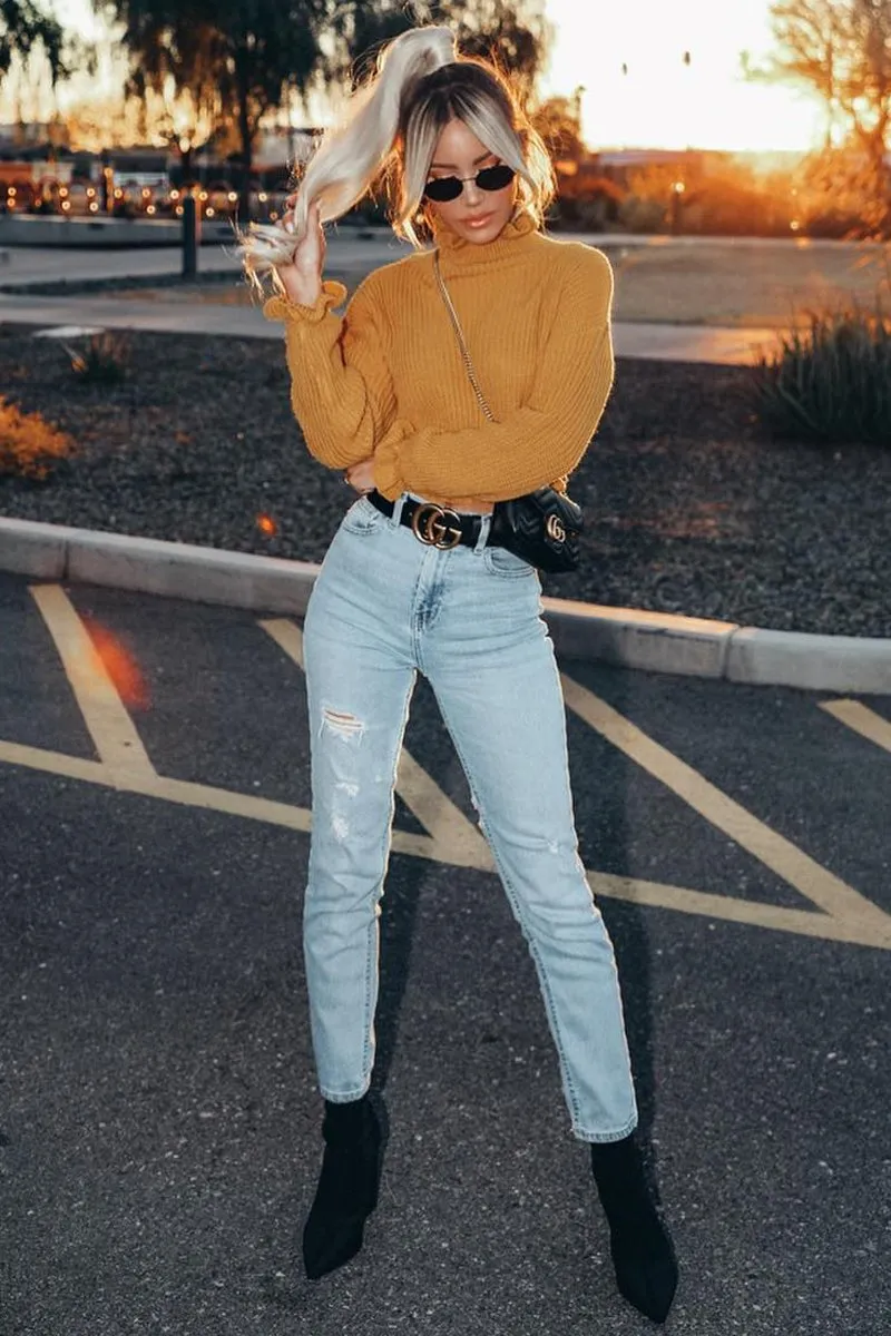 Mustard Ruffle Hem Chunky Knit Crop Jumper - Alannah