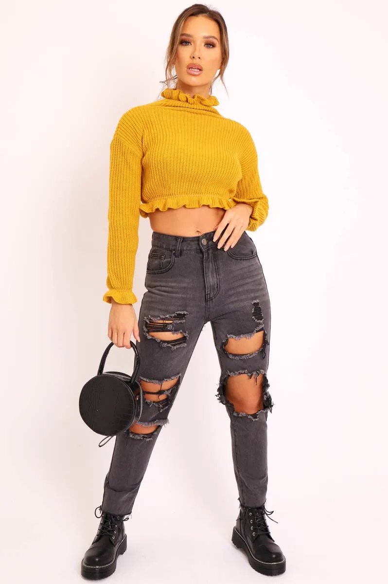Mustard Ruffle Hem Chunky Knit Crop Jumper - Alannah