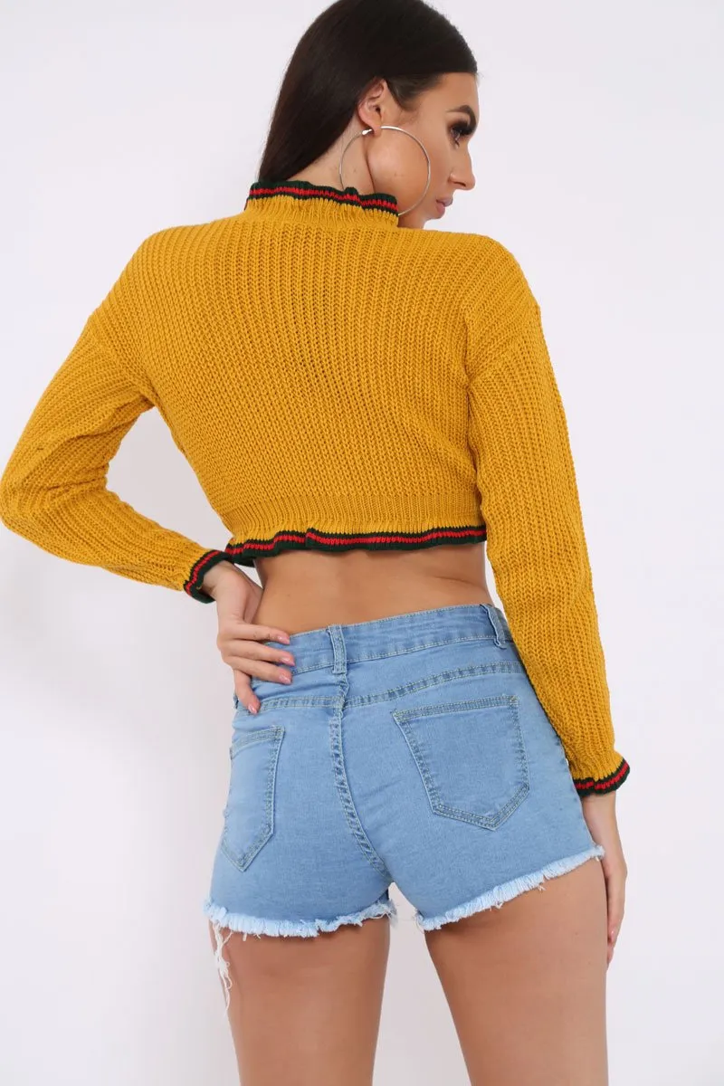 Mustard Ruffle Hem With Stripe Trim Chunky Knit Crop Jumper - Alannah