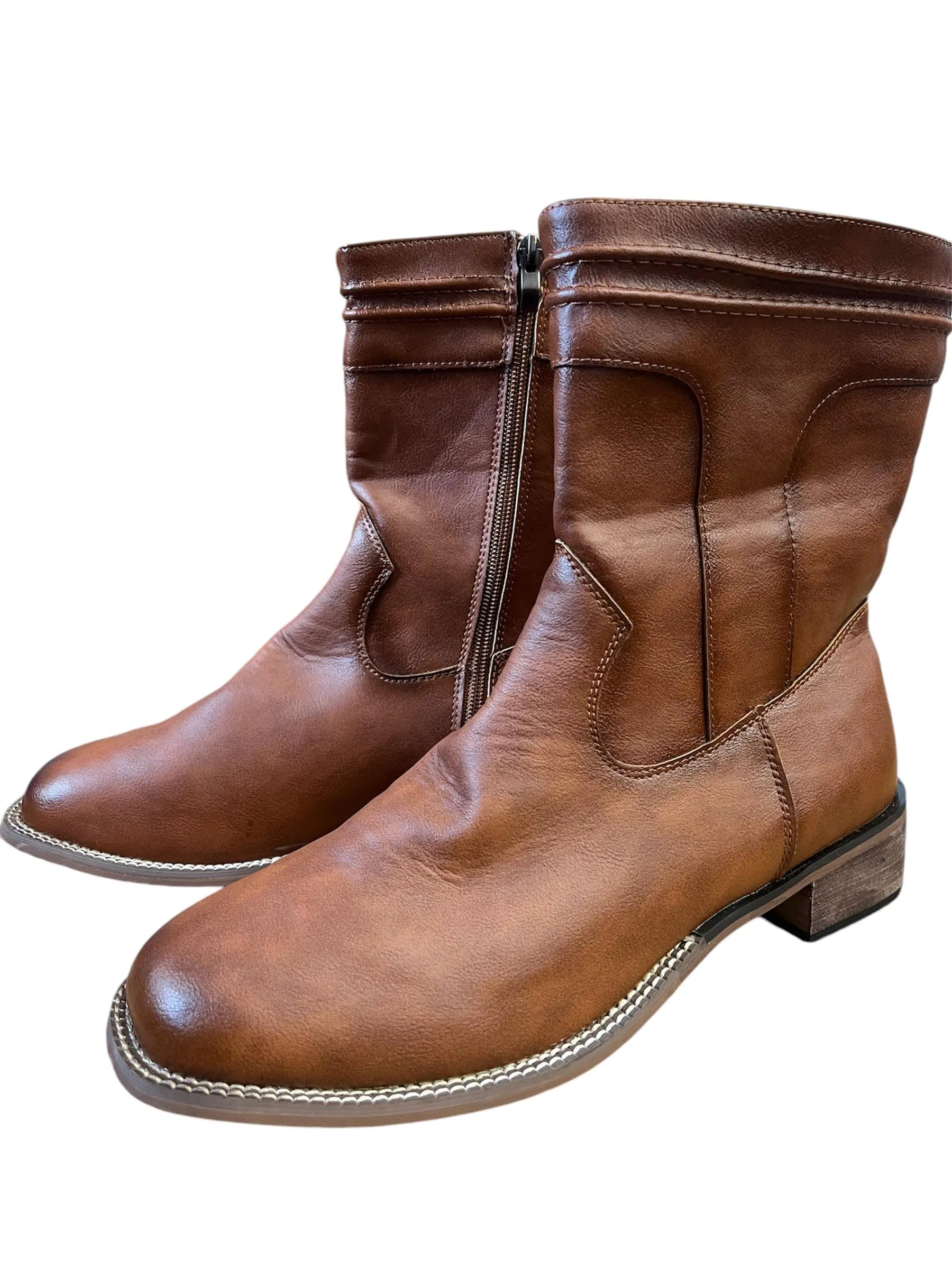 New Men Zip Side Western Boots mid calf ultra soft faux leather brown! Sz 11