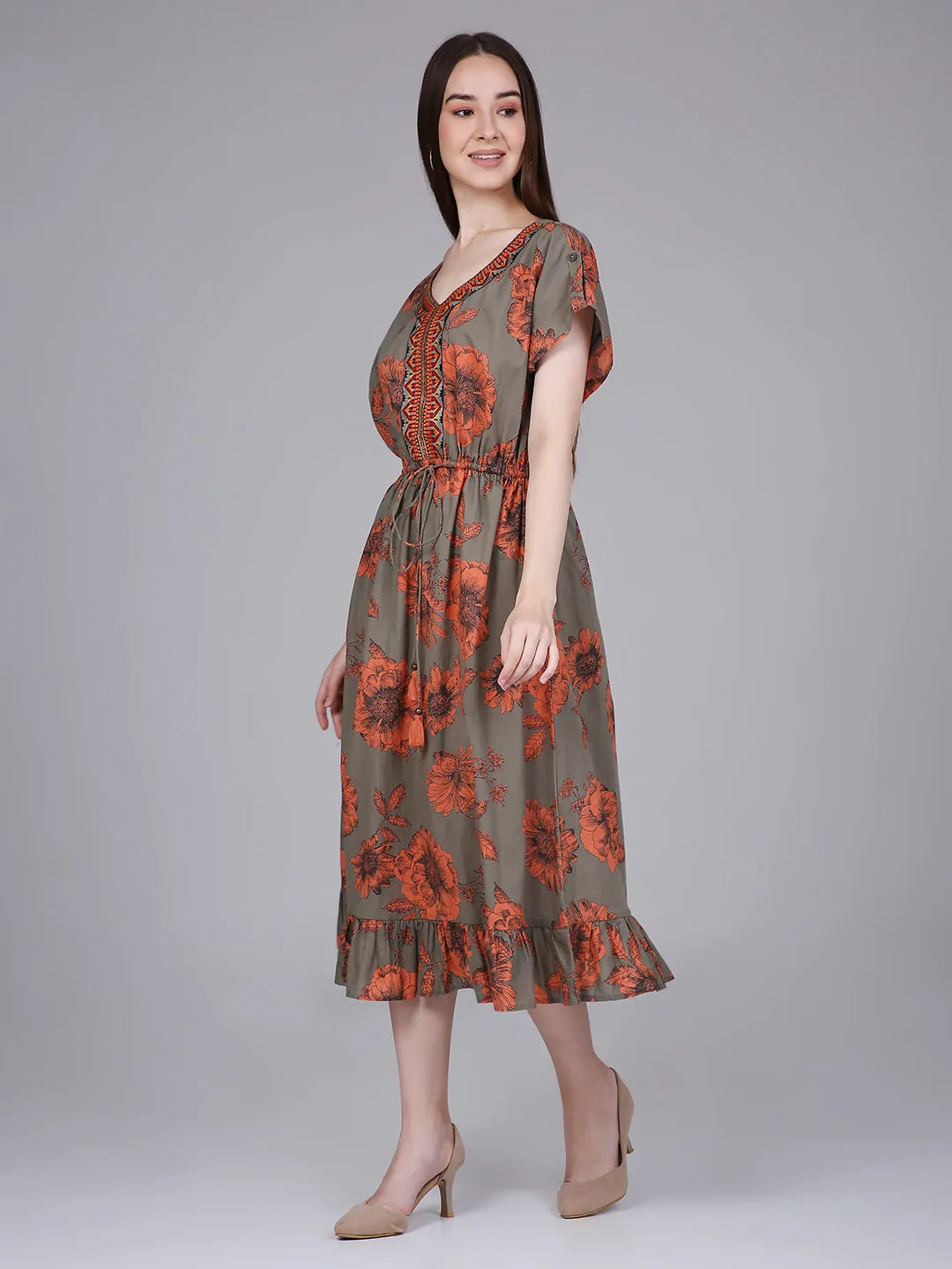 Olive Floral Print Kaftan Dress with Waist-Tie up and Neck Embroidery