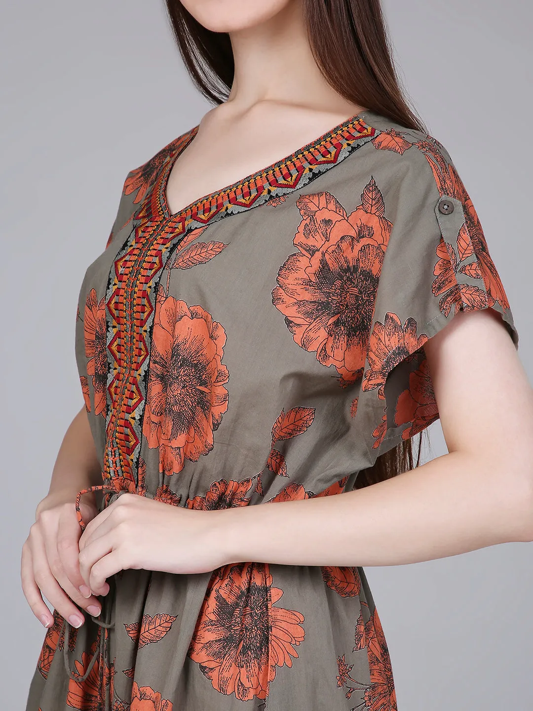 Olive Floral Print Kaftan Dress with Waist-Tie up and Neck Embroidery