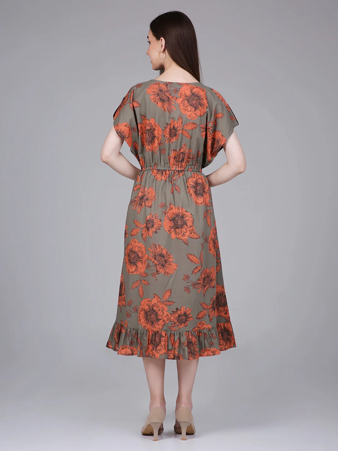 Olive Floral Print Kaftan Dress with Waist-Tie up and Neck Embroidery