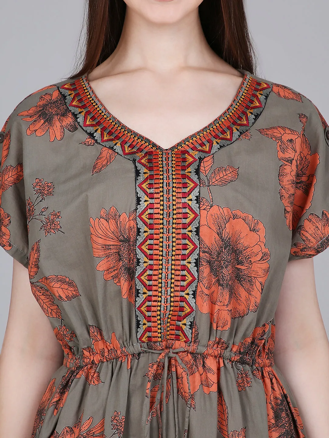 Olive Floral Print Kaftan Dress with Waist-Tie up and Neck Embroidery
