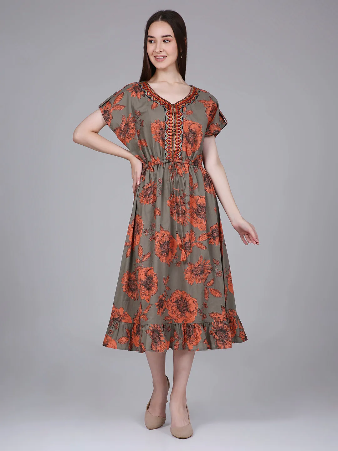 Olive Floral Print Kaftan Dress with Waist-Tie up and Neck Embroidery