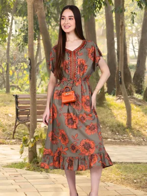 Olive Floral Print Kaftan Dress with Waist-Tie up and Neck Embroidery