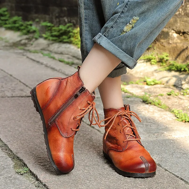Original retro women's boots leather soft bottom lace-up flat boots hand-washed round head printed leather short boots