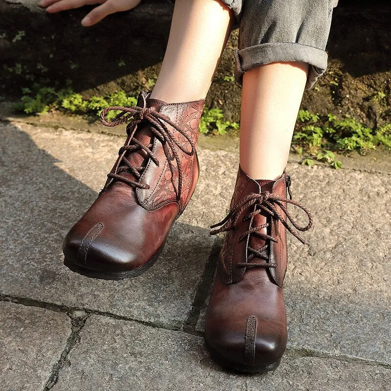 Original retro women's boots leather soft bottom lace-up flat boots hand-washed round head printed leather short boots