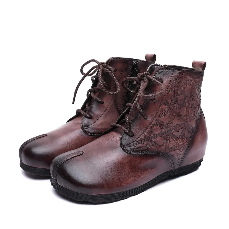 Original retro women's boots leather soft bottom lace-up flat boots hand-washed round head printed leather short boots