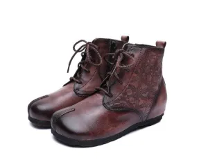 Original retro women's boots leather soft bottom lace-up flat boots hand-washed round head printed leather short boots
