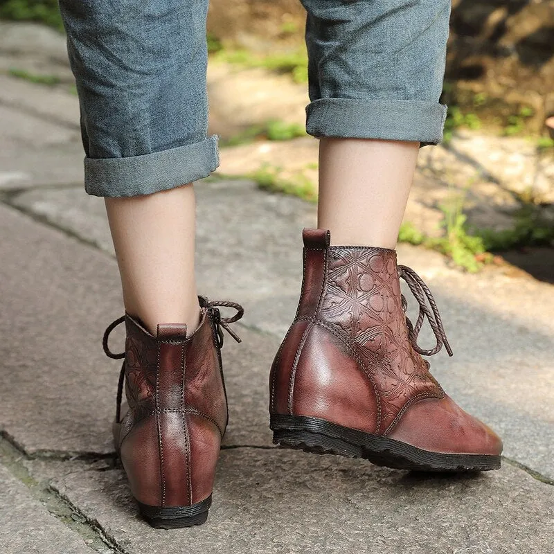 Original retro women's boots leather soft bottom lace-up flat boots hand-washed round head printed leather short boots