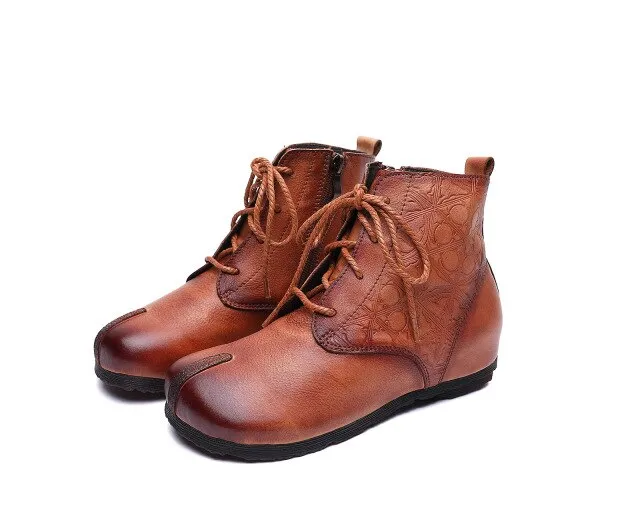Original retro women's boots leather soft bottom lace-up flat boots hand-washed round head printed leather short boots