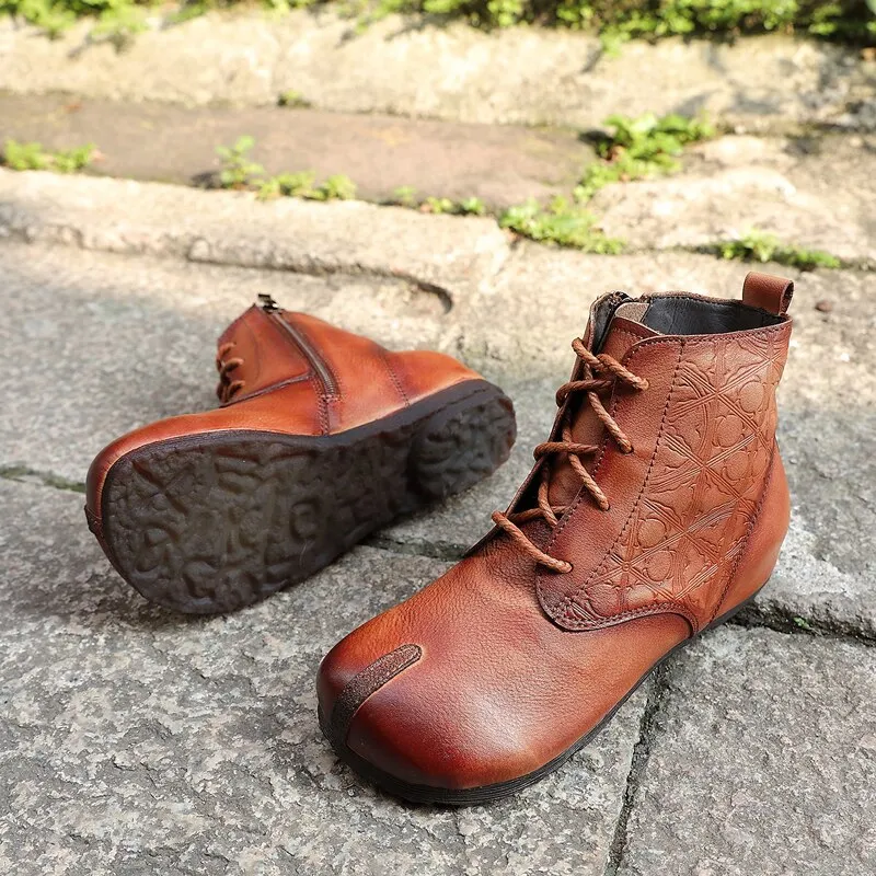 Original retro women's boots leather soft bottom lace-up flat boots hand-washed round head printed leather short boots