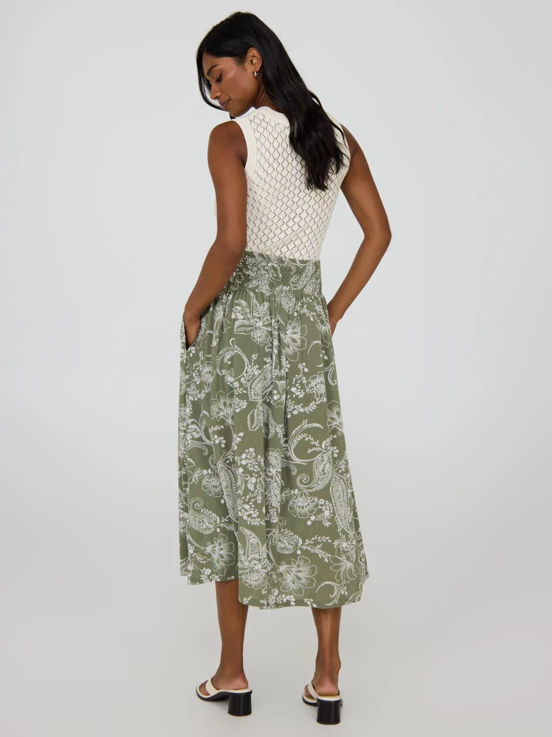 Paisley Crinkle Gauze Midi Skirt With Pockets