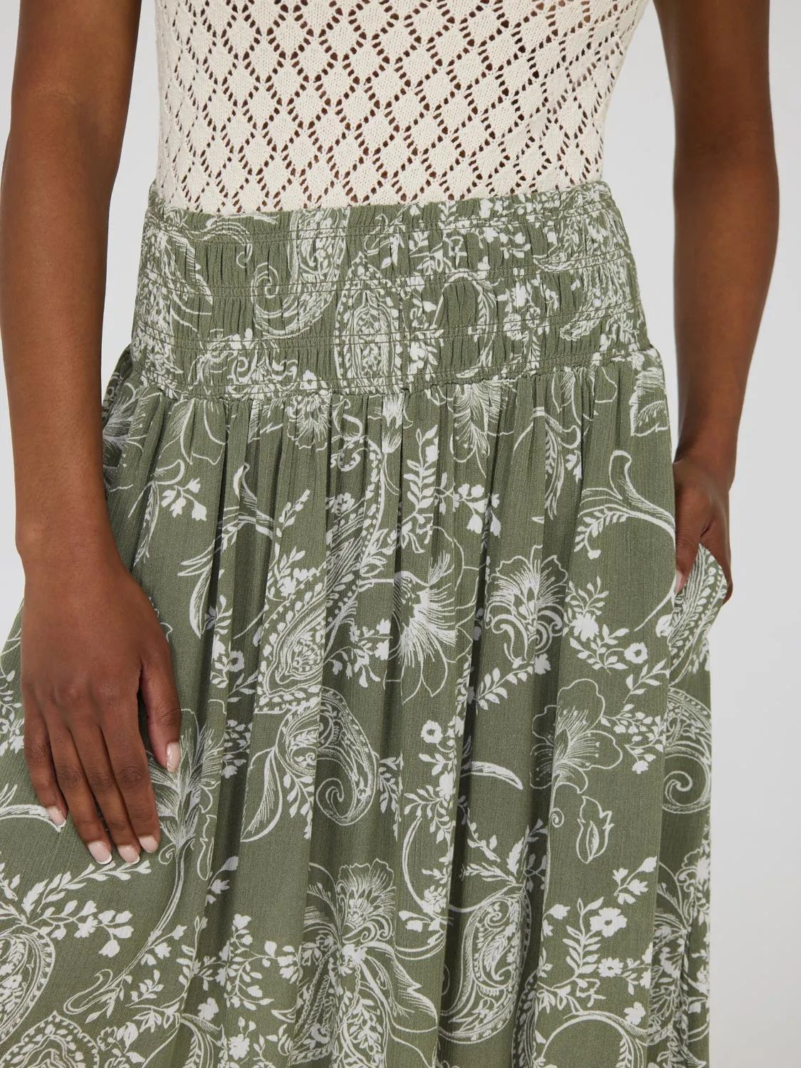 Paisley Crinkle Gauze Midi Skirt With Pockets