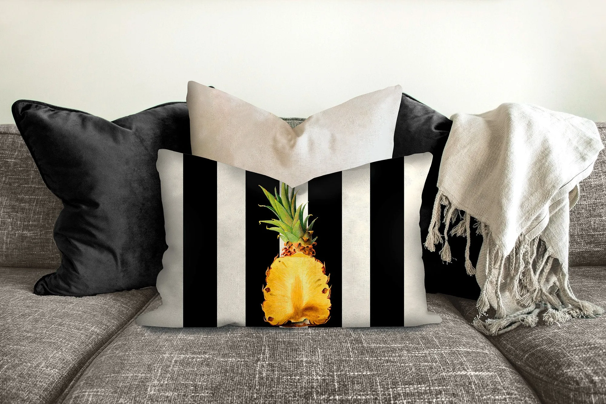 Pineapple throw pillow, black stripes, tropical pillow, Interior decor, home decor, pillow cover and insert, botanical decor, tropical decor