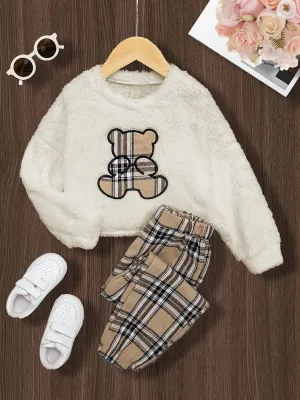 Plaid Bear Embroidered Girls Cozy TwoPiece Set