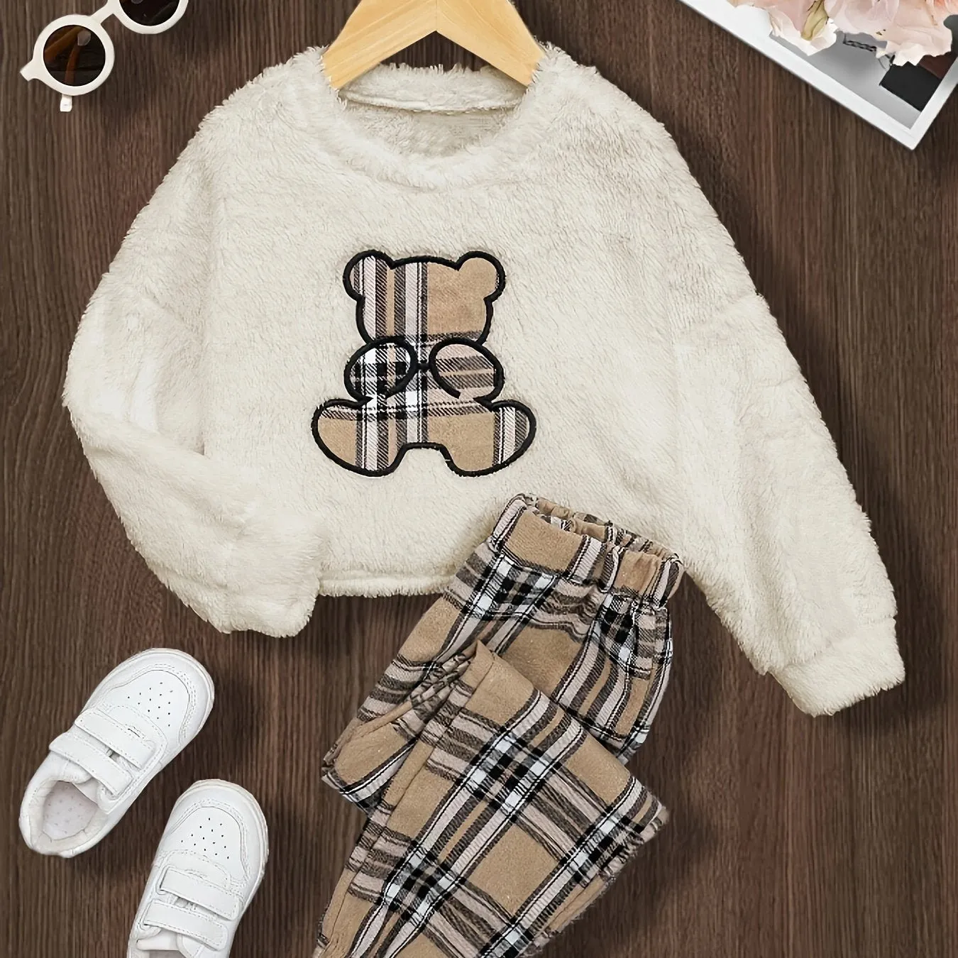 Plaid Bear Embroidered Girls Cozy TwoPiece Set