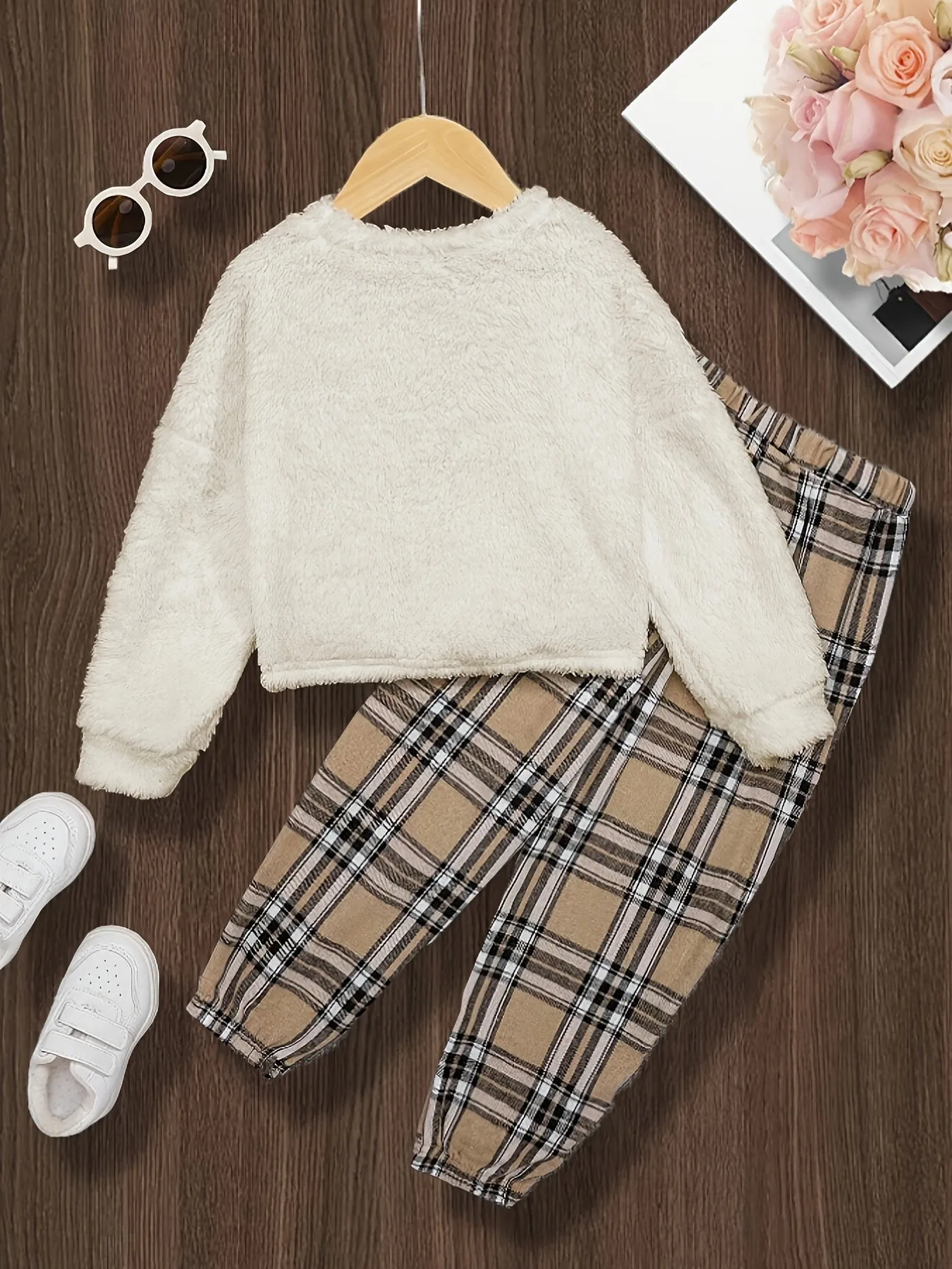 Plaid Bear Embroidered Girls Cozy TwoPiece Set