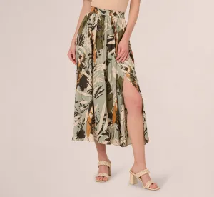 Printed Side Slit A Line Midi Skirt In Dusty Seamist Abstract Palm
