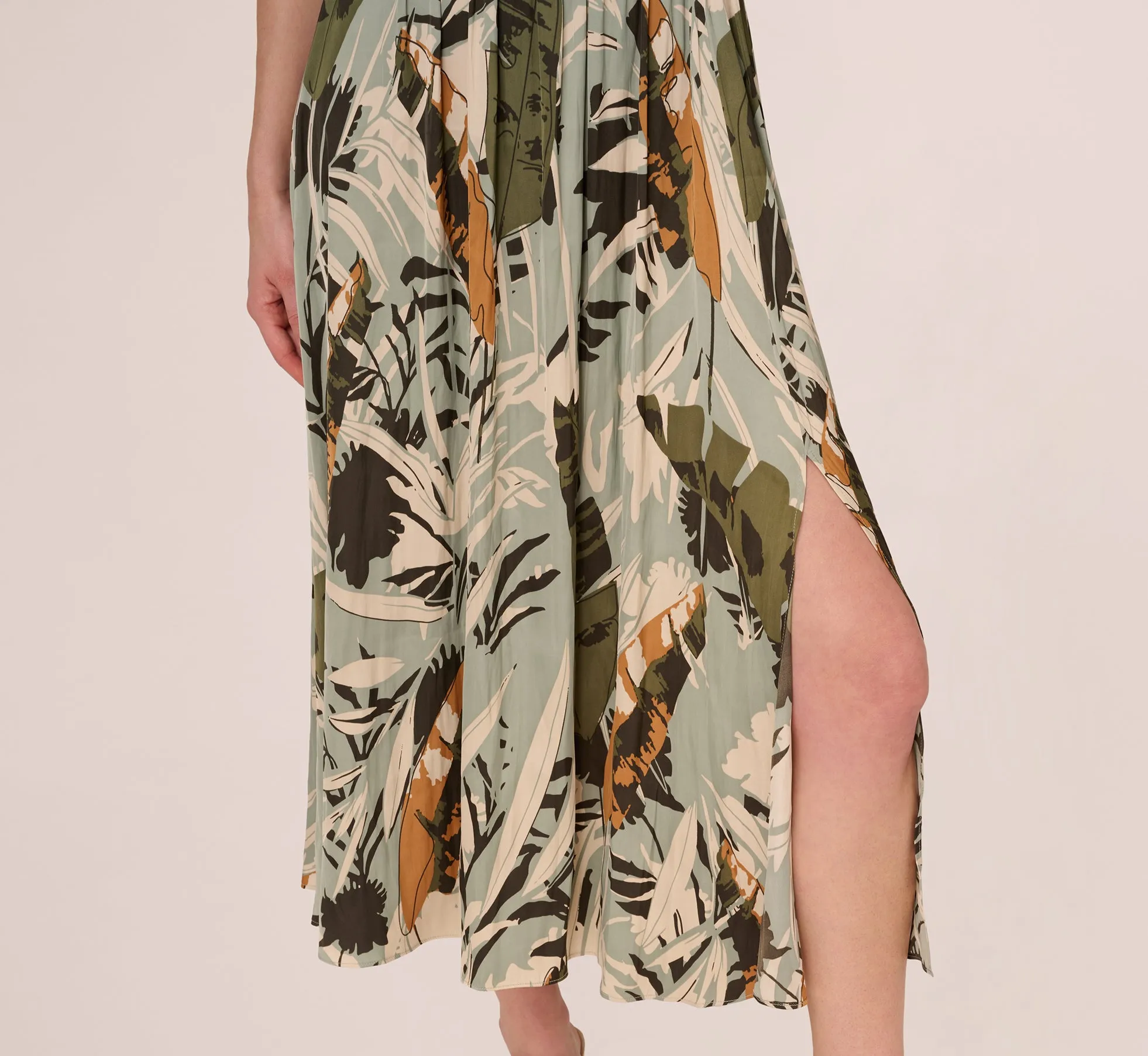 Printed Side Slit A Line Midi Skirt In Dusty Seamist Abstract Palm