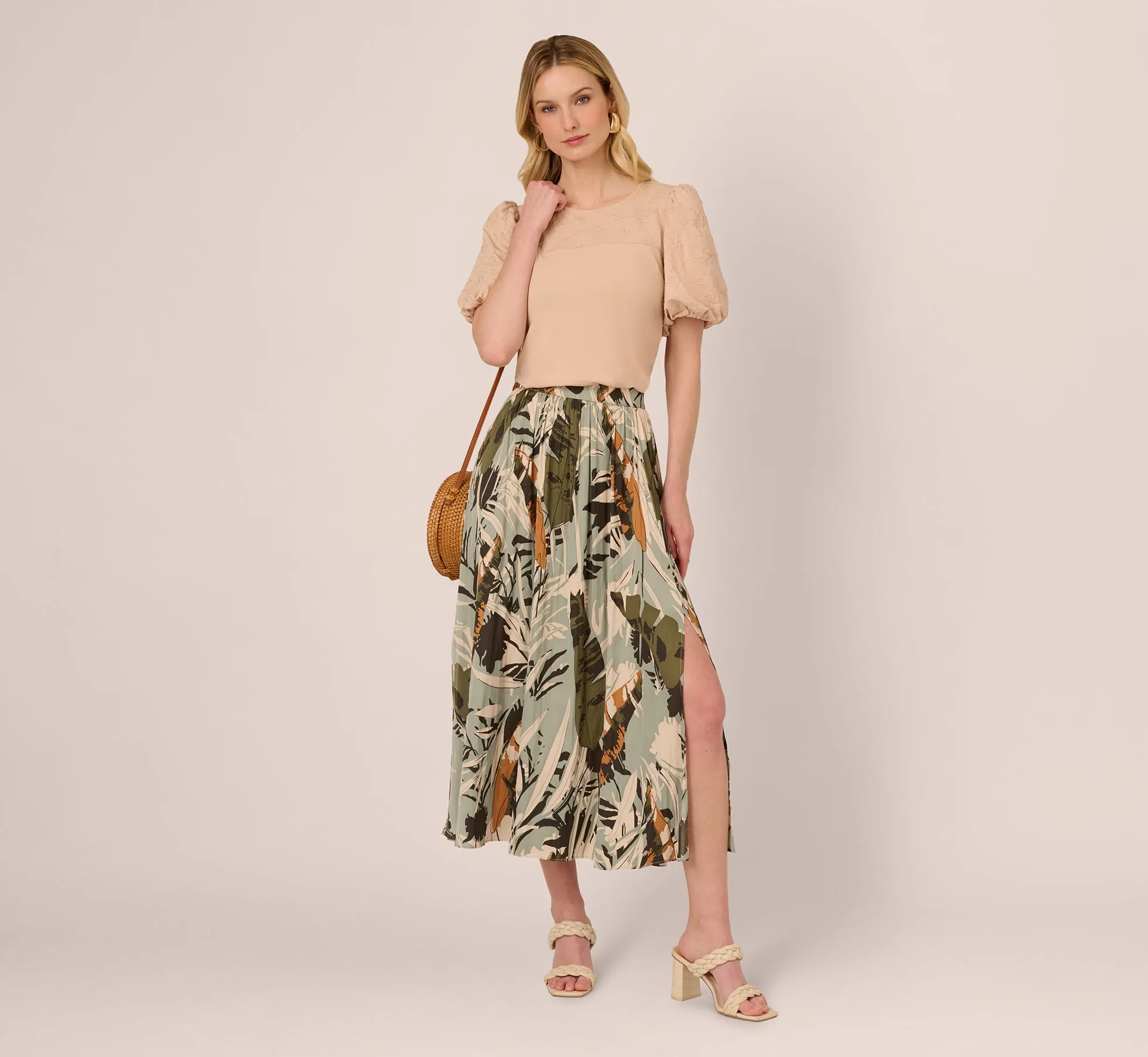 Printed Side Slit A Line Midi Skirt In Dusty Seamist Abstract Palm