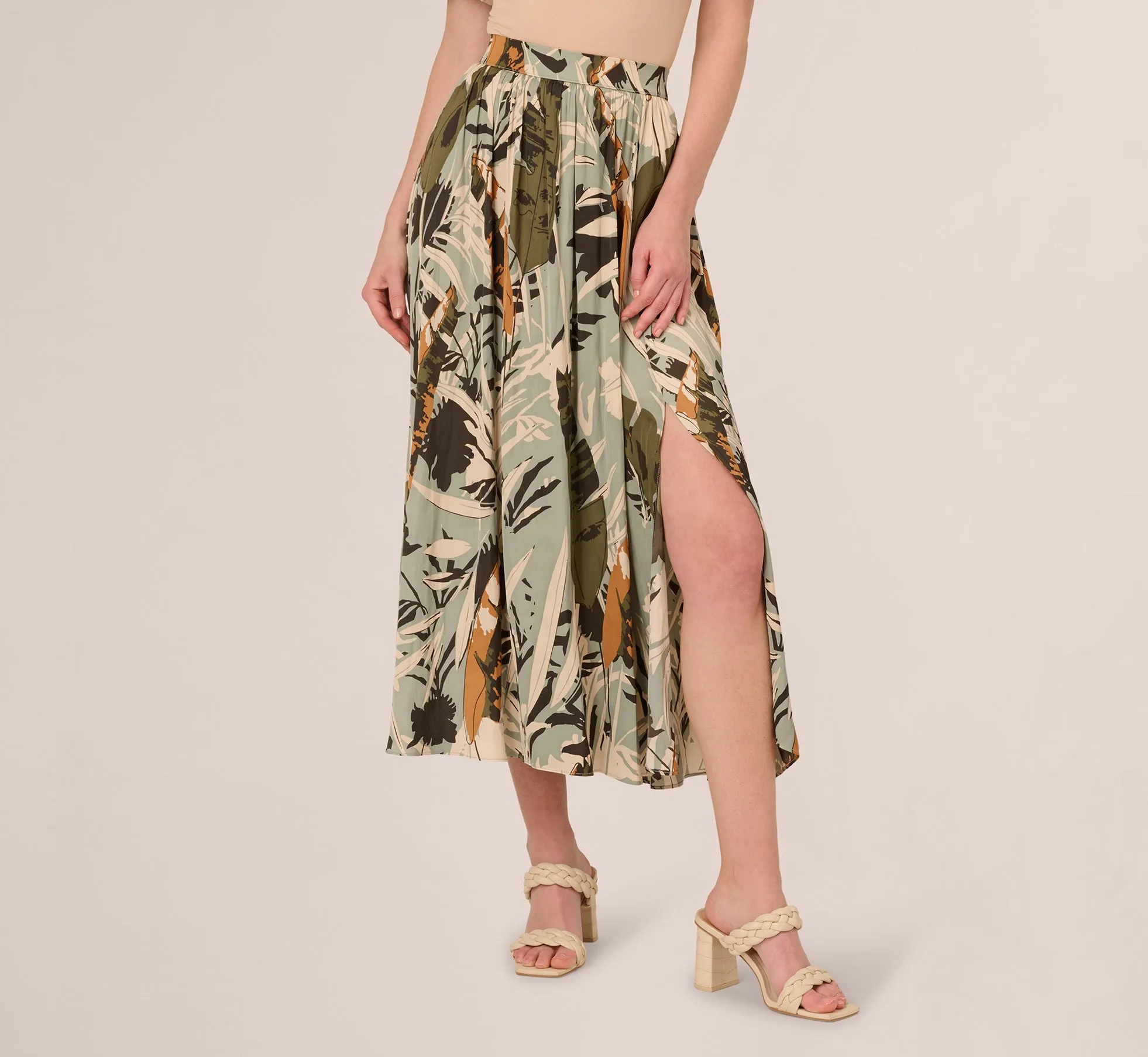 Printed Side Slit A Line Midi Skirt In Dusty Seamist Abstract Palm