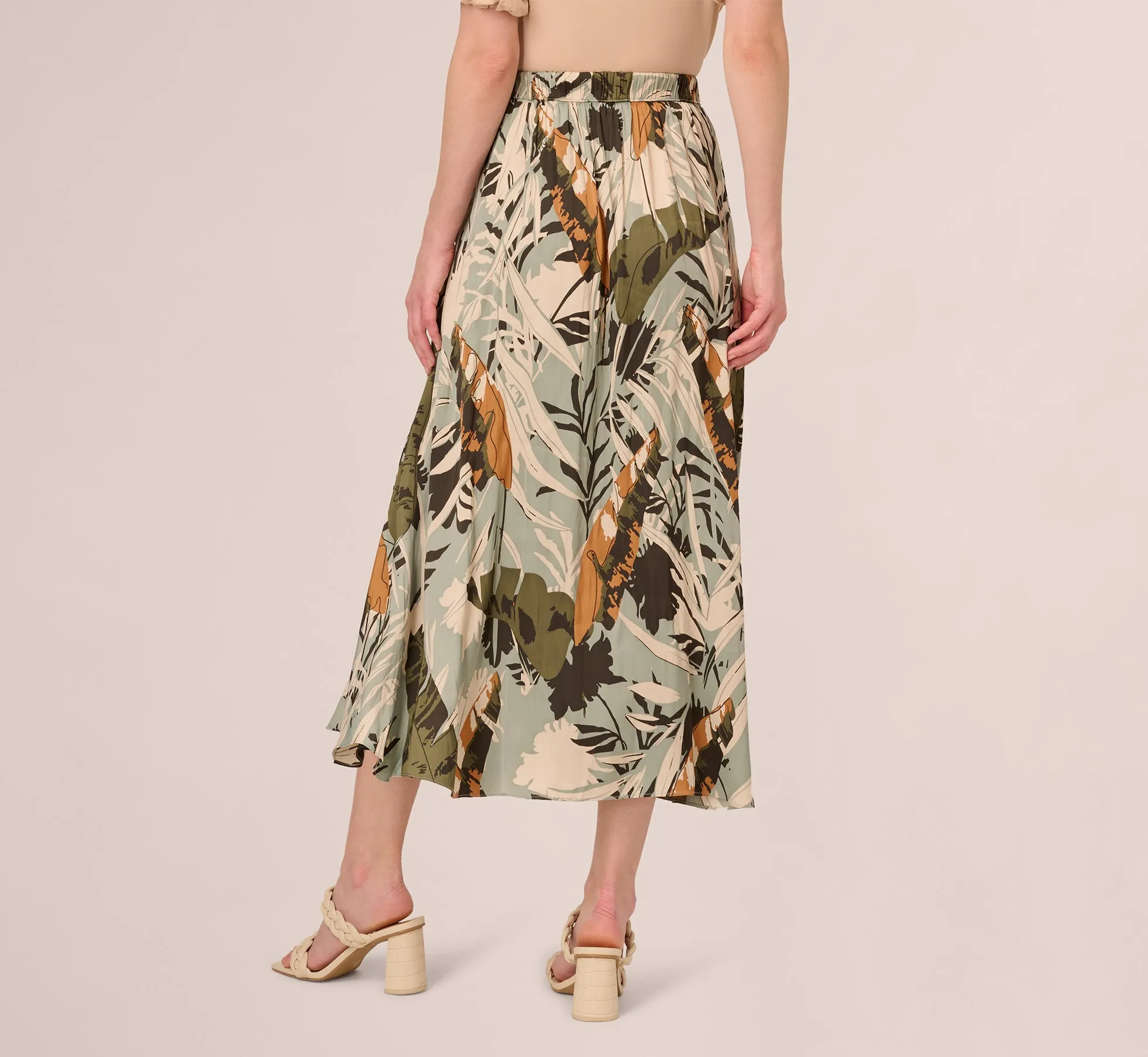 Printed Side Slit A Line Midi Skirt In Dusty Seamist Abstract Palm