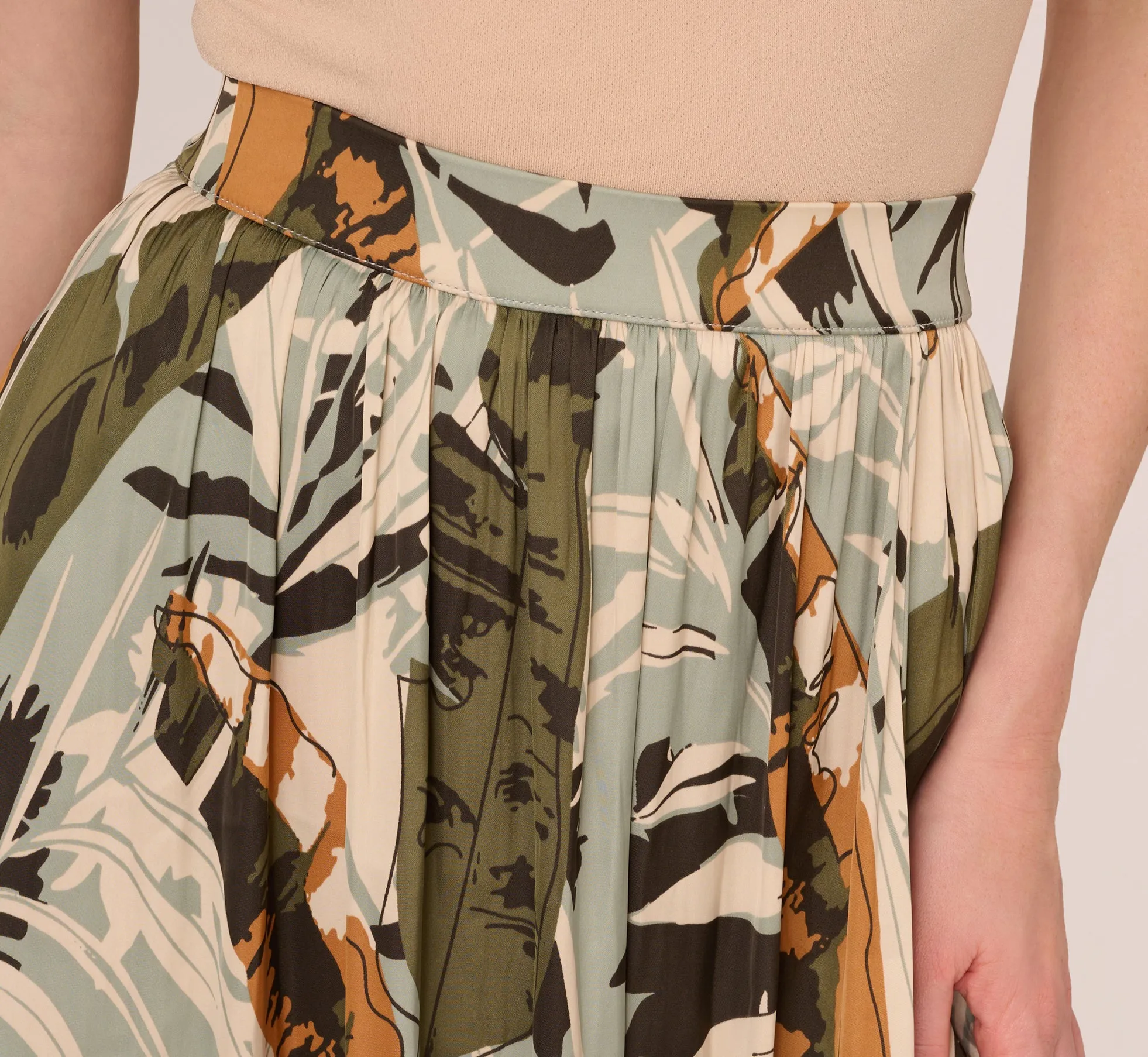 Printed Side Slit A Line Midi Skirt In Dusty Seamist Abstract Palm