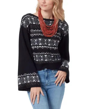 Sam Edelman Benton Wide-Sleeve Scoop-Back Sweater 30182207 Fair-Isle Black S