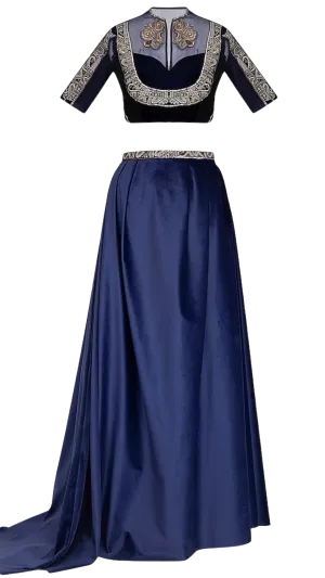 SAMPLE SALE: Navy Embroidered Blouse with Velvet Lehenga & Belt