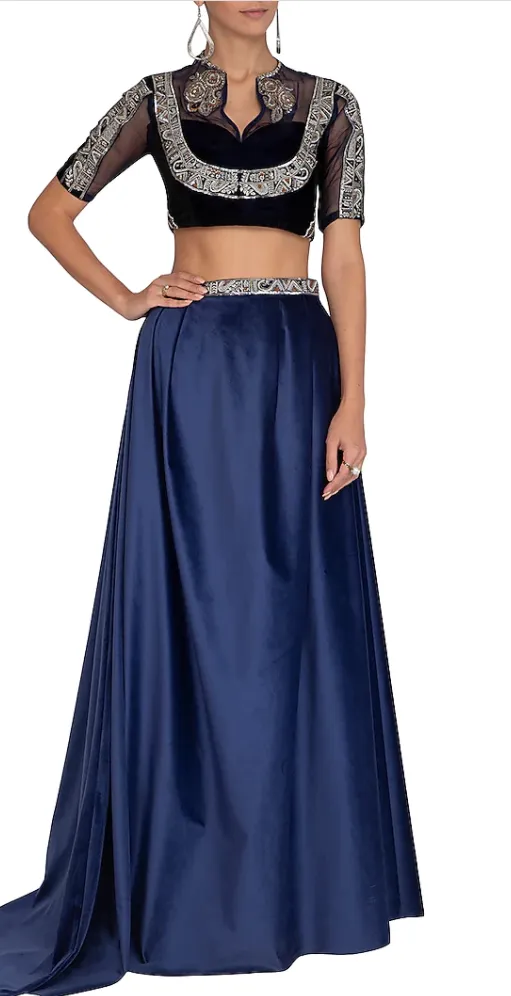SAMPLE SALE: Navy Embroidered Blouse with Velvet Lehenga & Belt