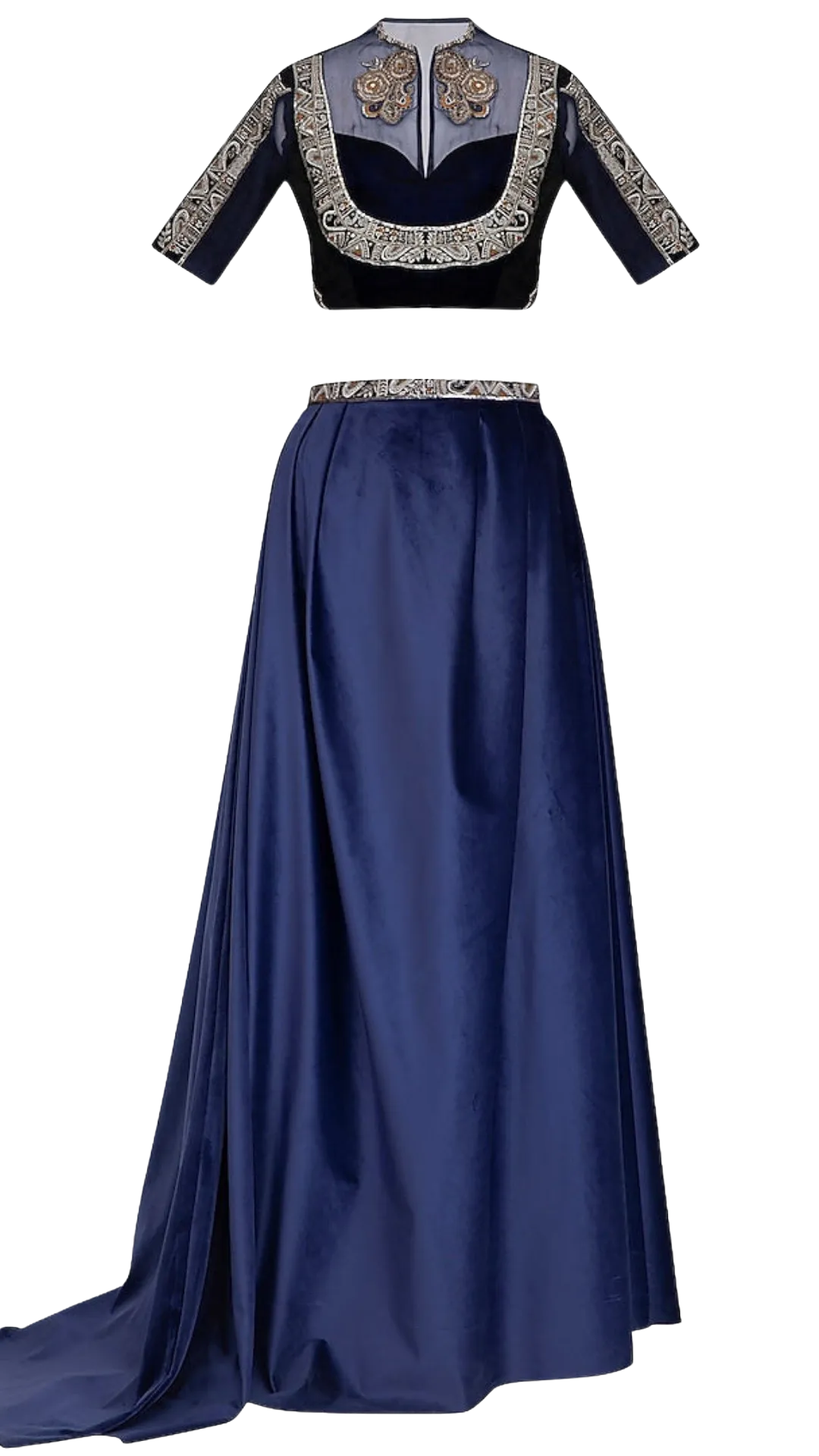 SAMPLE SALE: Navy Embroidered Blouse with Velvet Lehenga & Belt
