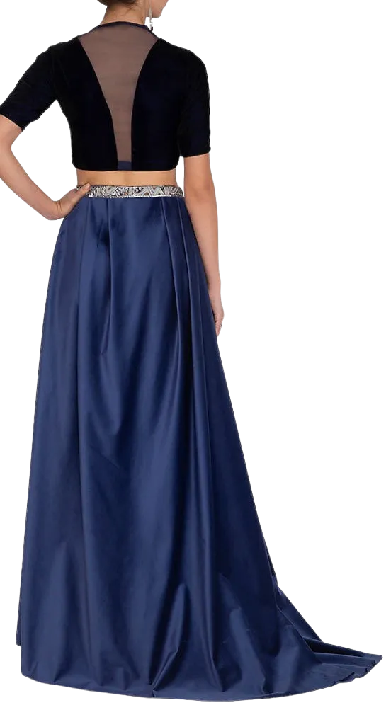 SAMPLE SALE: Navy Embroidered Blouse with Velvet Lehenga & Belt