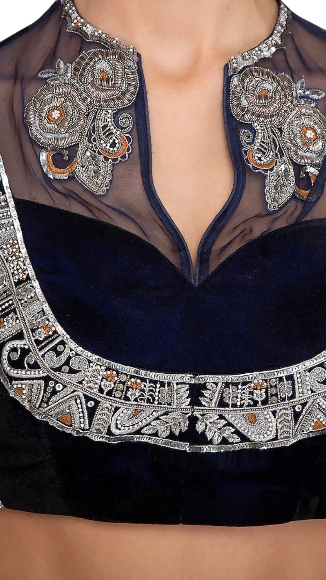 SAMPLE SALE: Navy Embroidered Blouse with Velvet Lehenga & Belt