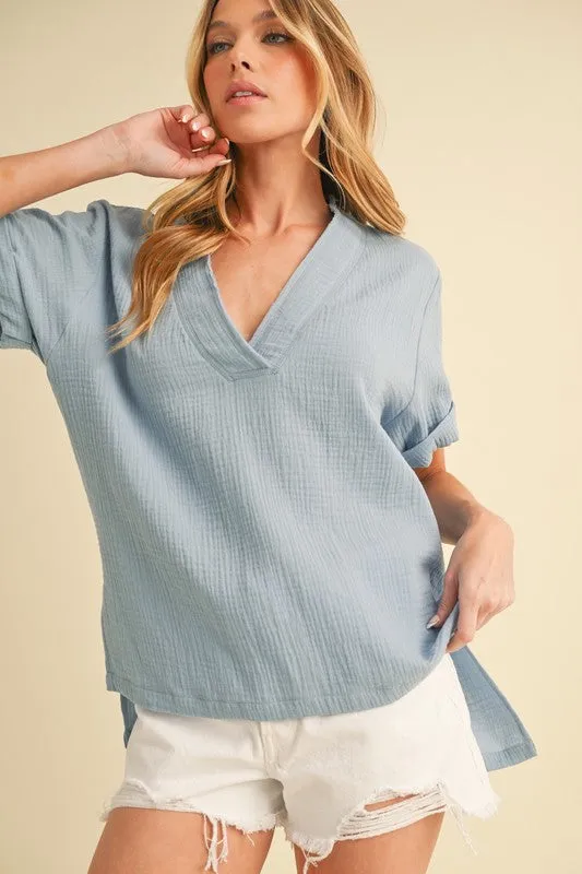 Side Slit V-Neck Short Sleeve Blouse