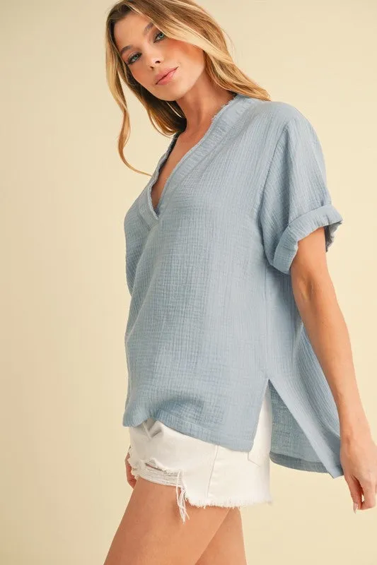 Side Slit V-Neck Short Sleeve Blouse